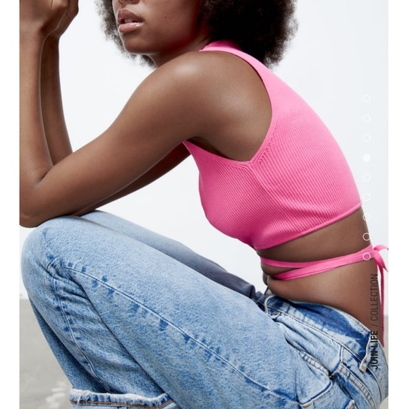 ZARA Knotted crop tie front and belly pink top - Picture 5 of 10